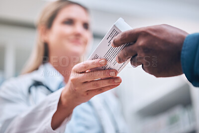 Buy stock photo Pharmacy, medication box and pharmacist helping a patient with medical prescription at clinic. Medicine, healthcare and guy getting pills, cure or treatment at a pharmaceutical drug store or chemist.