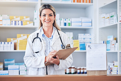 Buy stock photo Portrait, pharmacy and woman with clipboard, checklist and inventory. Pharmacist, female and girl writing, prescription medicine and stock for medical products, information for treatment and record.