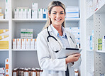 Pharmacy, woman and tablet for checklist, inventory and online schedule. Pharmacist, girl counting and stock for pills, prescription and medical product with medicine, record and digital information.