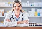 Woman, portrait or happy pharmacist with working or helping with medical advice in pharmacy or wellness clinic. Face, doctor or healthcare worker smiles with pride or goals in retail drugstore shop