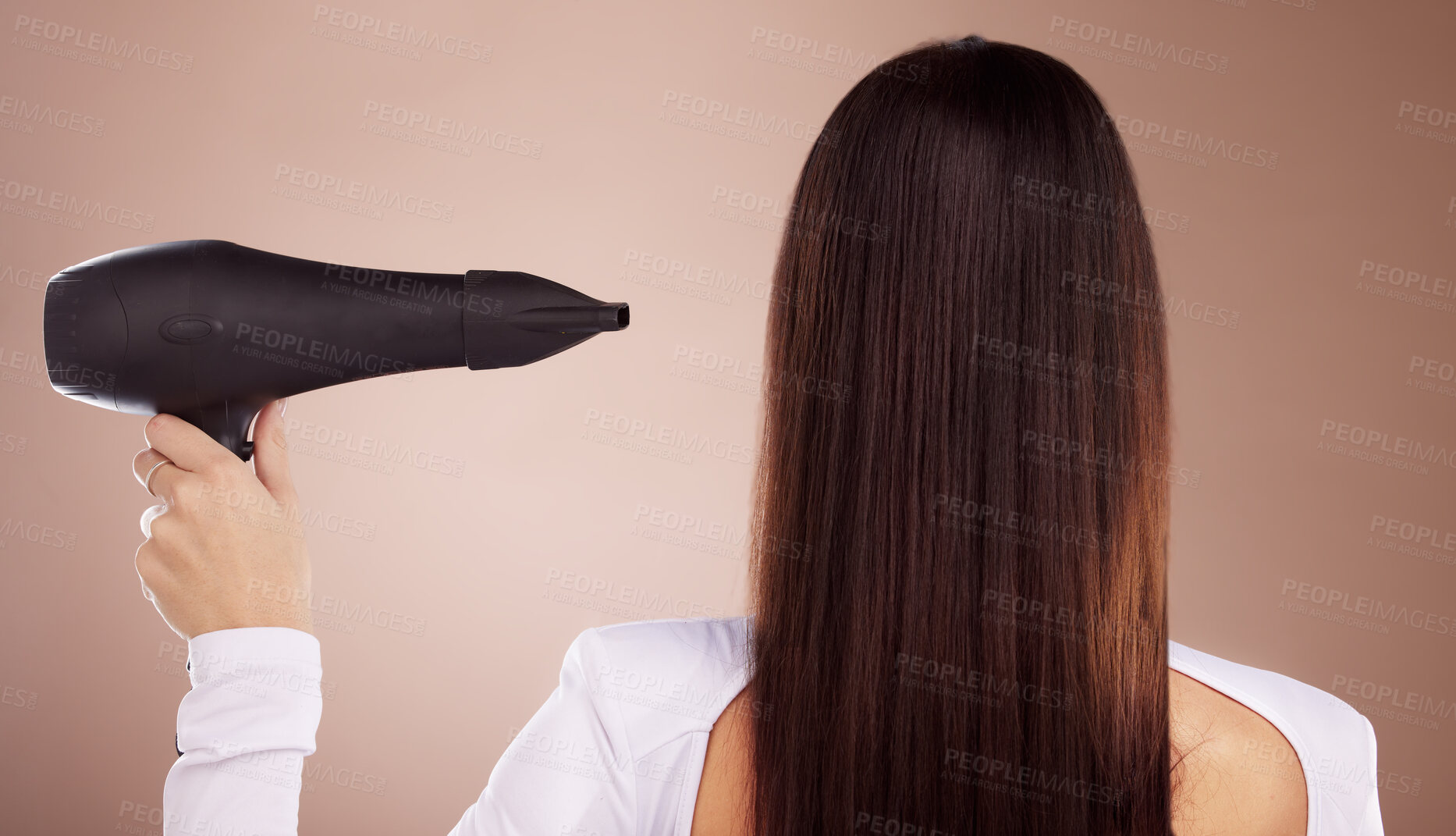 Buy stock photo Hair, hair care and beauty with woman and hairdryer, cosmetic appliance or tools for keratin treatment, Brazilian and back view. Glow, shine and wellness with strong long hair with studio background.