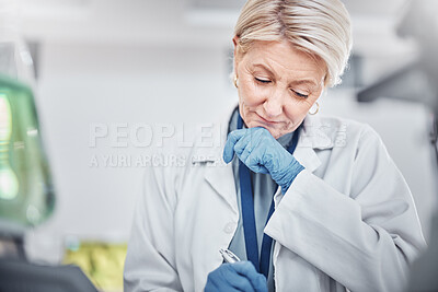 Buy stock photo Science, research and senior woman writing notes on documents in laboratory. Innovation, thinking and elderly female scientist researching, recording and write experiment results, analysis or report.