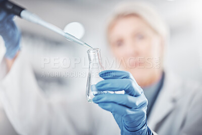 Buy stock photo Science, chemistry and beaker with woman in laboratory for research, dna and vaccine analysis. Medicine, pharmacy and innovation with expert and flask for investigation, biotechnology and experiment