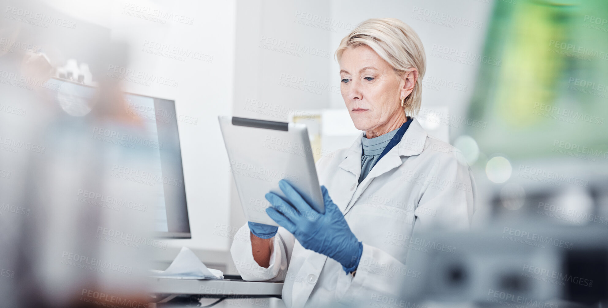 Buy stock photo Tablet, thinking and science with a doctor woman at work in a lab for research, innovation or development. Healthcare, medical and idea with a senior female scientist working in a laboratory