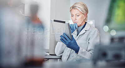 Buy stock photo Tablet, thinking and science with a doctor woman at work in a lab for research, innovation or development. Healthcare, medical and idea with a senior female scientist working in a laboratory