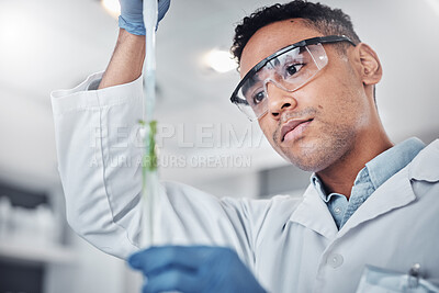 Buy stock photo Plant science, pipette and man with test tube for researching plants. Laboratory, sustainability and male botanist with dropper and vial for testing, analyzing and gmo experiment to optimize growth.