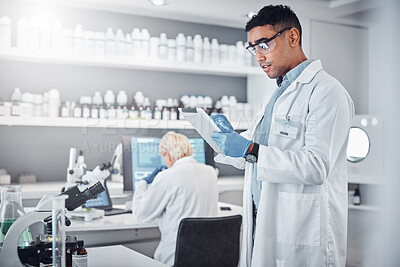 Buy stock photo Scientist, tablet and research innovation in laboratory for medical analytics, science development or biotech neuroscience. Pharmaceutical data, doctor and pharmacy engineer working in clinic lab