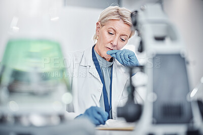 Buy stock photo Research, writing and science with woman in laboratory for pharmacy, medicine and future development. Innovation, idea and notebook with expert for vaccine report, investigation and data analysis