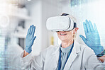 VR, healthcare and digital with a doctor scientist at work in a lab on research or innovation. Metaverse, virtual reality and future with a female science professional using software in a laboratory
