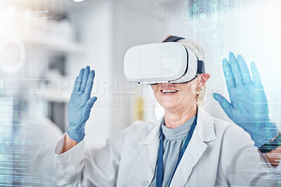 Buy stock photo VR, healthcare and digital with a doctor scientist in a lab for research or innovation. Metaverse, virtual reality and future with a medical science professional using software in a laboratory