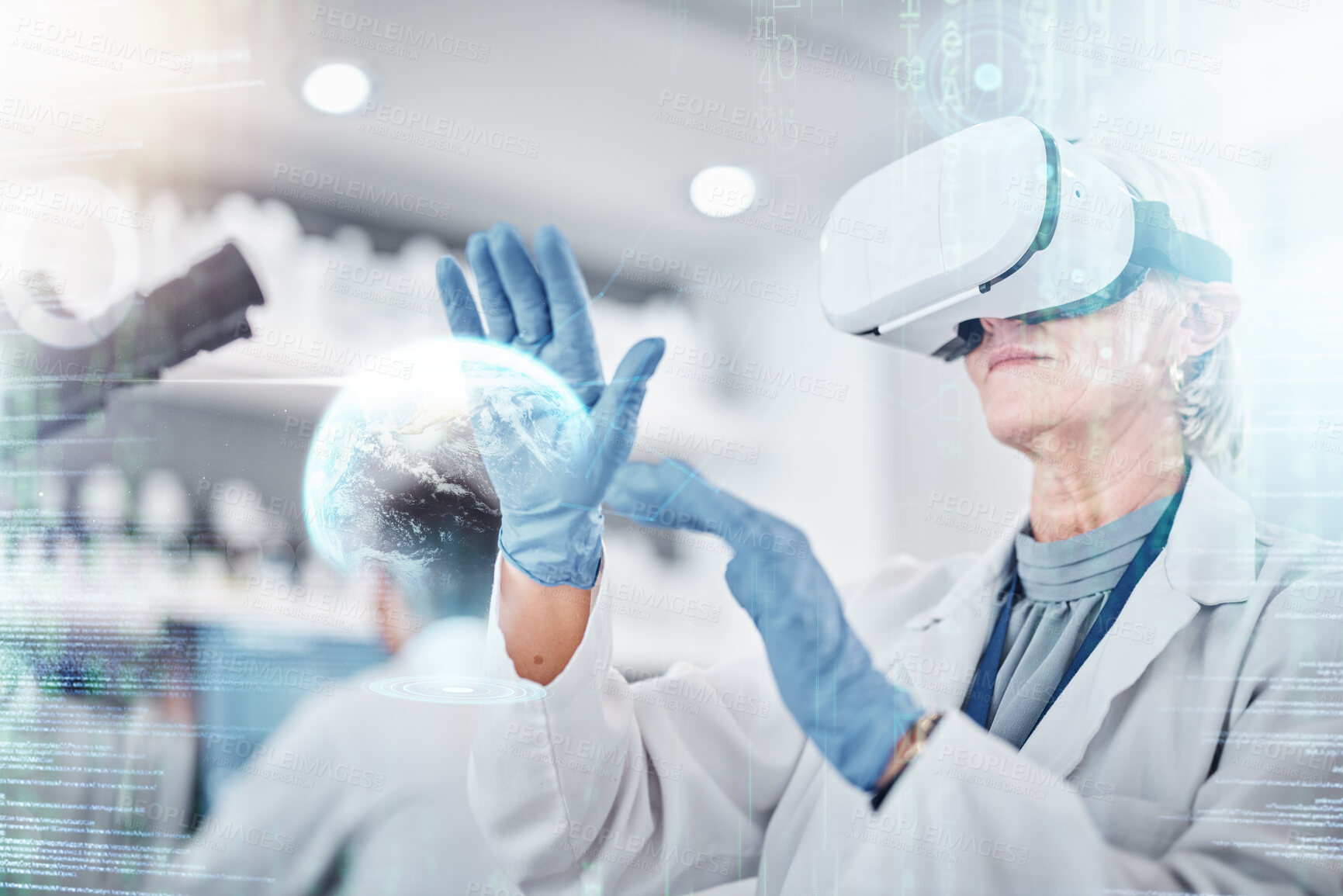 Buy stock photo VR, healthcare and digital with a doctor scientist in a lab for research or innovation. Metaverse, virtual reality and future with a medical science professional using software in a laboratory