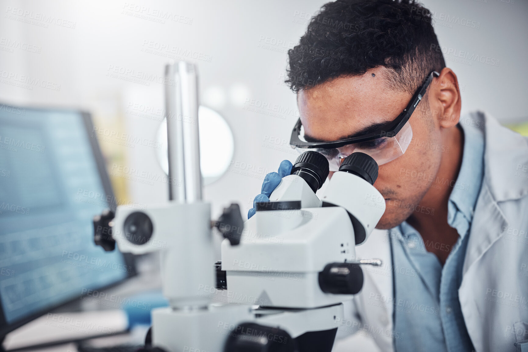 Buy stock photo Science, microscope and man in laboratory for research, testing or medical analysis. Healthcare innovation,  scientist and male doctor with equipment to check sample, studying particles or bacteria.