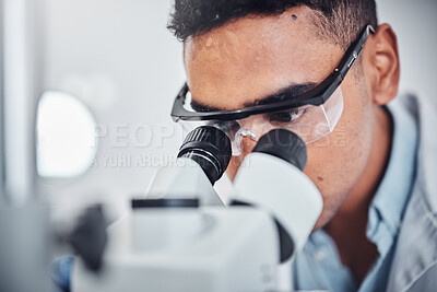 Buy stock photo Scientist, microscope and man in laboratory working for healthcare testing, medical research and science innovation. Doctor, lab equipment and biotechnology analysis for chemical analytics sample