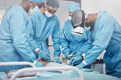 Buy stock photo Doctors, surgery and collaboration with a medicine team in scrubs operating on a man patient in a hospital. Doctor, nurse and teamwork with a medical group in a clinic to perform an operation