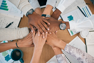 Buy stock photo Teamwork, collaboration and stack of hands with documents, analytics report and infographics on desk. Support, diversity and top view of business people hands for community, partnership and trust