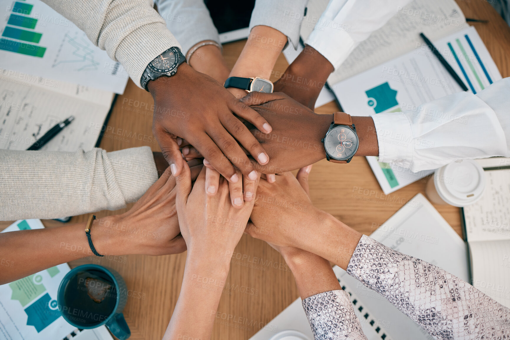 Buy stock photo Teamwork, collaboration and stack of hands with documents, analytics report and infographics on desk. Support, diversity and top view of business people hands for community, partnership and trust