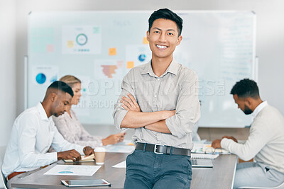 Buy stock photo Businessman, arms crossed or boardroom office leadership with company growth vision, financial management innovation or investment ideas. Portrait, smile or happy finance worker with teamwork goals