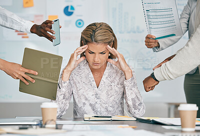 Buy stock photo Woman, headache and office with stress, multitasking deadline or tired of project management target. Corporate executive, documents or email on schedule, anxiety and burnout of mental health by desk