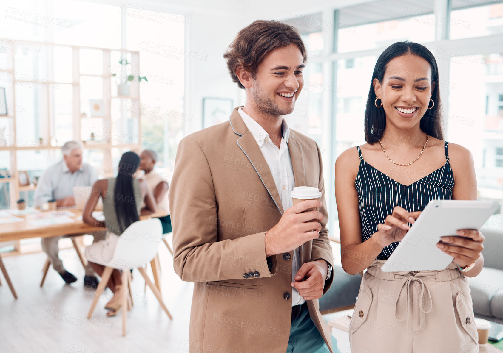 Buy stock photo Business people, research tablet and talking in office discussing sales project. Teamwork, coffee and man and woman with touchscreen planning advertising or marketing strategy in company workplace.