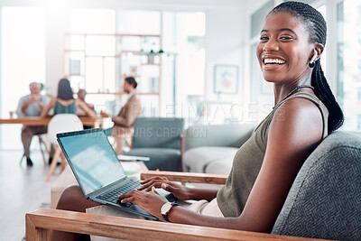 Buy stock photo Music, podcast and woman at computer with earphones in office with streaming service while working. Work, smile and happy black woman listening to streaming radio station app online in modern office.