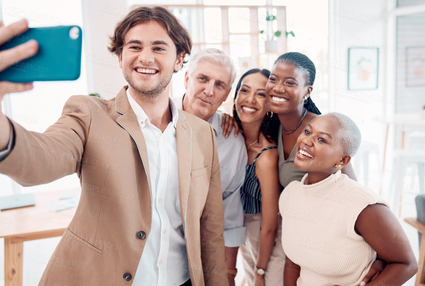 Buy stock photo Selfie, phone and business people smile in office for employee happiness, solidarity and teamwork collaboration. Diversity, smartphone photography and workplace support, partnership and happy success