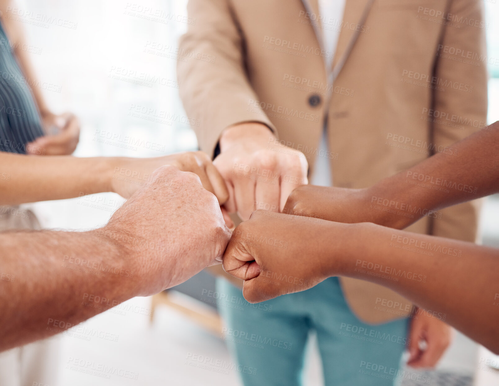 Buy stock photo Business people, hands or fist bump for team building, collaboration support or office teamwork for mission goals, target or motivation. Zoom, men or women with solidarity fist gesture or growth deal