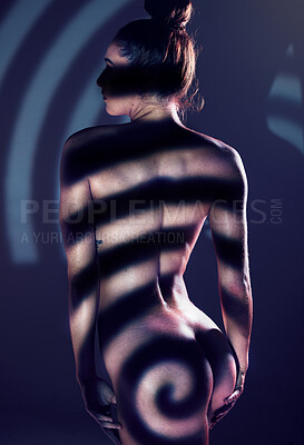 Buy stock photo Spiral, beauty and body of naked woman in studio isolated on a background. Skincare, butt and hips of creative, sexy and sensual female model and nude girl with sexual desire and erotic art aesthetic