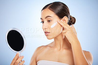 Buy stock photo Mirror, face or woman with skincare cream for beauty or sunscreen protection in grooming morning routine in studio. Wellness, dermatology or girl model applying facial lotion or cosmetics product