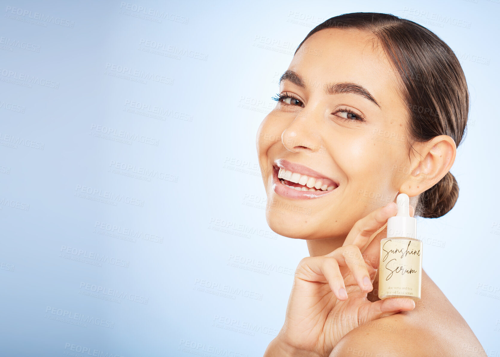Buy stock photo Skincare, beauty and face of woman with serum for skincare products, facial treatment and dermatology. Healthcare, wellness and female advertising natural oil, beauty products and cosmetics in studio