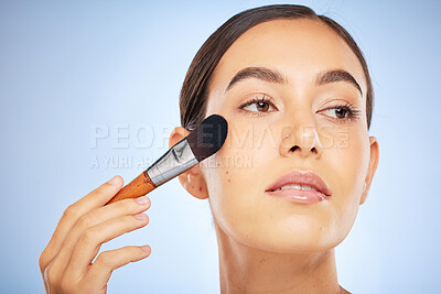 Buy stock photo Beauty, brush or woman in a makeup skincare daily routine for a beautiful glowing smooth face in studio. Colombia, facial or young girl model applying cosmetics products for self love or self care 