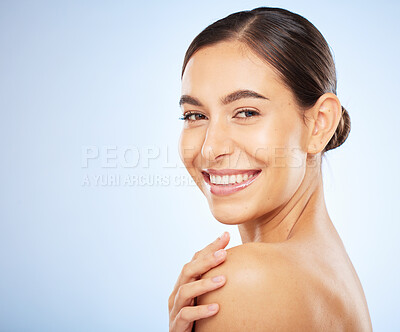 Buy stock photo Portrait, skincare and beauty with a model woman in studio on a gray background for natural treatment. Face, wellness and luxury with an attractive young female posing to promote a skin care product