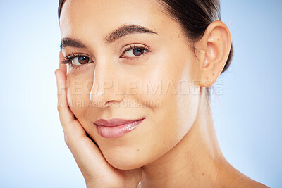 Buy stock photo Portrait, skincare and beauty with a model woman in studio on a gray background for natural treatment. Face, wellness and luxury with an attractive young female posing to promote a skin care product
