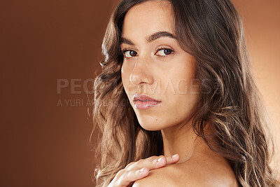 Buy stock photo Woman, face skincare or curly hairstyle on studio background in Brazilian keratin treatment, self love or healthcare wellness. Portrait zoom, brunette color or beauty model and natural texture waves