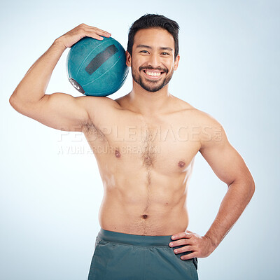 Buy stock photo Man, body or medicine ball on studio background for fitness workout, training or exercise for healthcare wellness, muscle growth or goals. Portrait, smile or happy bodybuilder with weight motivation