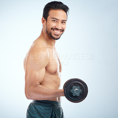 Buy stock photo Portrait, fitness or man training with dumbbell in workout or exercise in studio for strong arms, biceps or body goals. Muscles, mindset or happy bodybuilder sports athlete weightlifting with mock up
