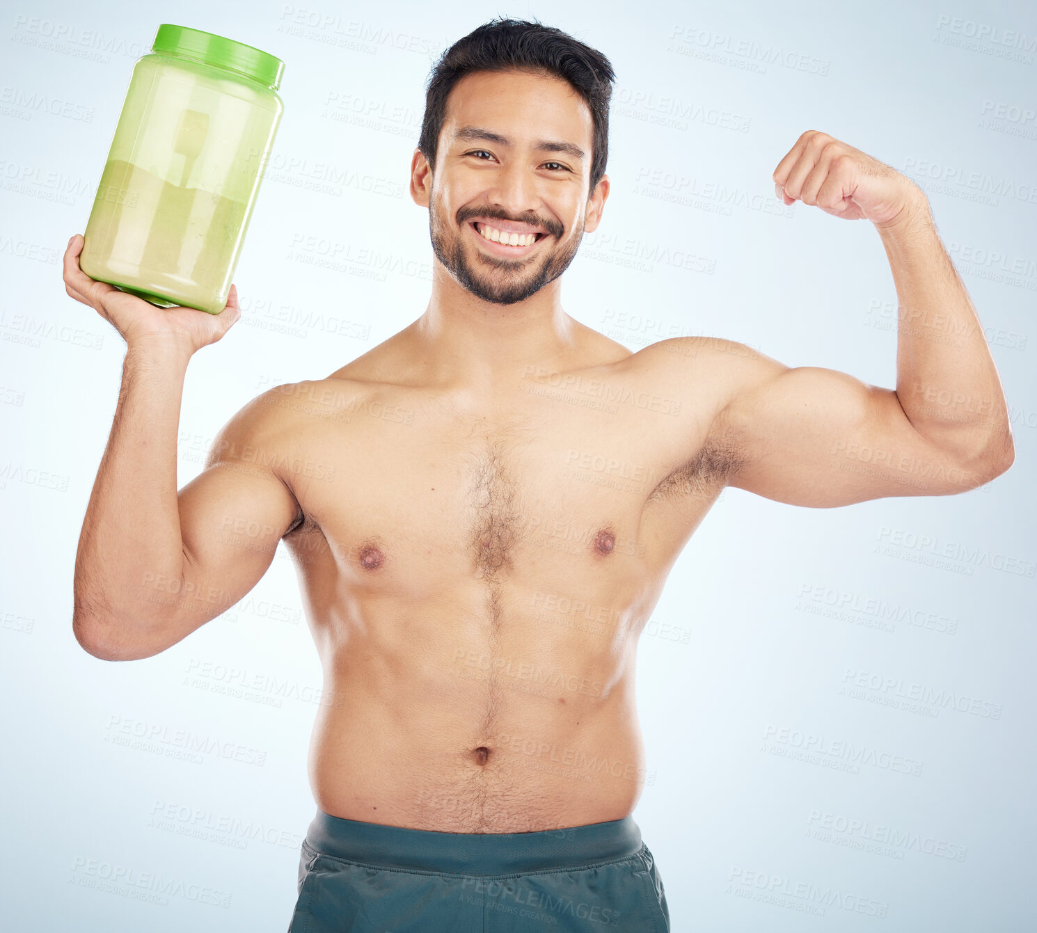 Buy stock photo Fitness, studio or strong man with protein shake in training, exercise or body workout supplements for energy. Face portrait, mockup or healthy bodybuilder with bottle for muscle growth nutrition