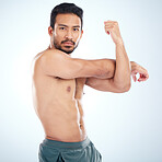 Man, body or stretching arms on studio background in workout tension release, exercise pain relief or training healthcare wellness. Portrait, sports athlete or fitness model warm up of strong muscles