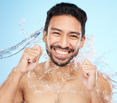 Buy stock photo Dental, teeth floss and water splash with man in portrait for hygiene, cleaning and oral healthcare against studio background. Teeth whitening, clean mouth and fresh breath with smile and Invisalign 