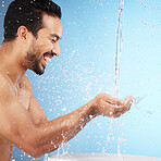 Water, hands or man in shower in studio cleaning body for wellness or skincare with a happy smile. Water splash, mock up or relaxed model washing for self care grooming with marketing or mockup space