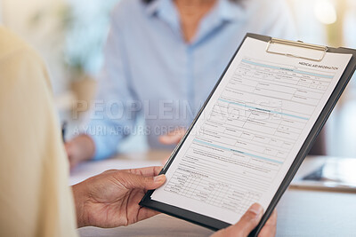 Buy stock photo Medical documents, patient with clipboard and health with insurance and contract, healthcare paperwork with hands and checklist. Health insurance, reading document for health care and personal data.