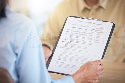 Buy stock photo Contract, divorce and documents on clipboard, marriage fail with man and woman reading legal paperwork. Agreement, compliance and review document for separation by law, partnership end and family law
