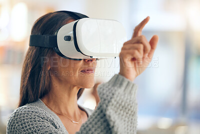 Buy stock photo Woman, virtual reality and streaming in home, futuristic tech and internet gaming with ai headset. Vr, 3d innovation and digital transformation, cyber metaverse or video game online experience 