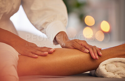 Buy stock photo Spa, hands and legs massage for relax, health and wellness at luxury resort. Zen, physical therapy and woman or female 
therapist massaging leg of person on table for skincare, body care and beauty.