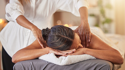 Buy stock photo Woman at spa for massage with therapist and holistic treatment, wellness and self care with aromatherapy. Luxury service, health and peace with skincare to relax at salon, masseuse hands for zen.