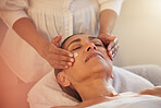 Woman massage with therapist hands, facial and reiki, peace and balance with cosmetic luxury service at wellness spa. Skincare, beauty and self care with stress relief, zen and calm with masseuse.