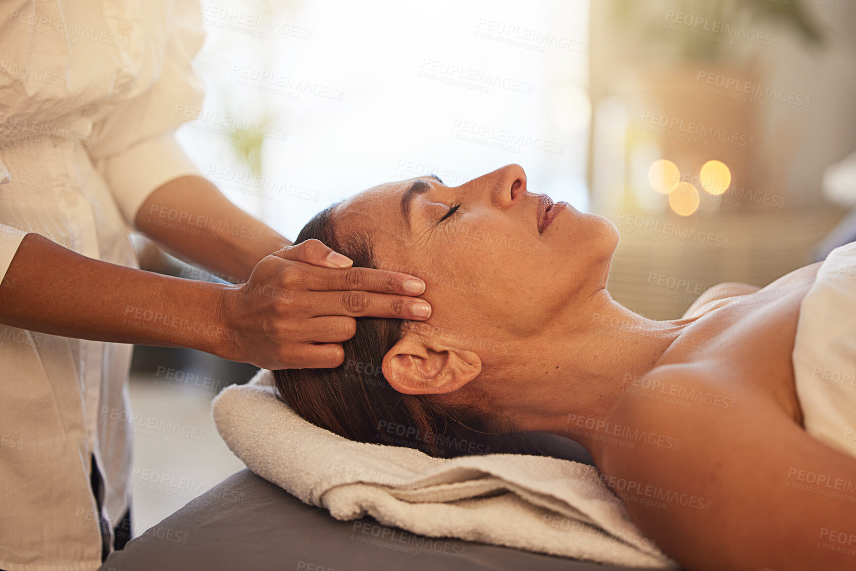 Buy stock photo Woman, relax and hands for scalp massage in salon beauty spa for skincare wellness, stress relief and zen body care. Healing therapy, therapist and physical therapy, head or luxury facial dermatology