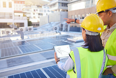 Buy stock photo Engineer, back or woman with man, solar energy or sustainable power inspection. Technician, male or female for panels maintenance, eco friendly construction or agriculture for alternative electricity
