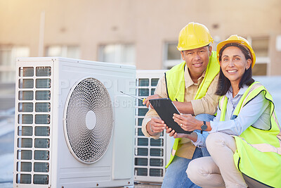 Buy stock photo Air conditioner, building maintenance and teamwork with tablet, smile and development with engineer team. Engineering man, repair woman and digital tech in portrait with collaboration for ac repair