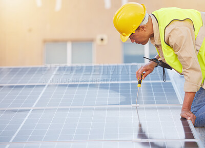 Buy stock photo Engineer, man or solar panels for clean energy, maintenance for building or sustainability. Male technician, electrician or installation for alternative power,  agriculture innovation or eco friendly