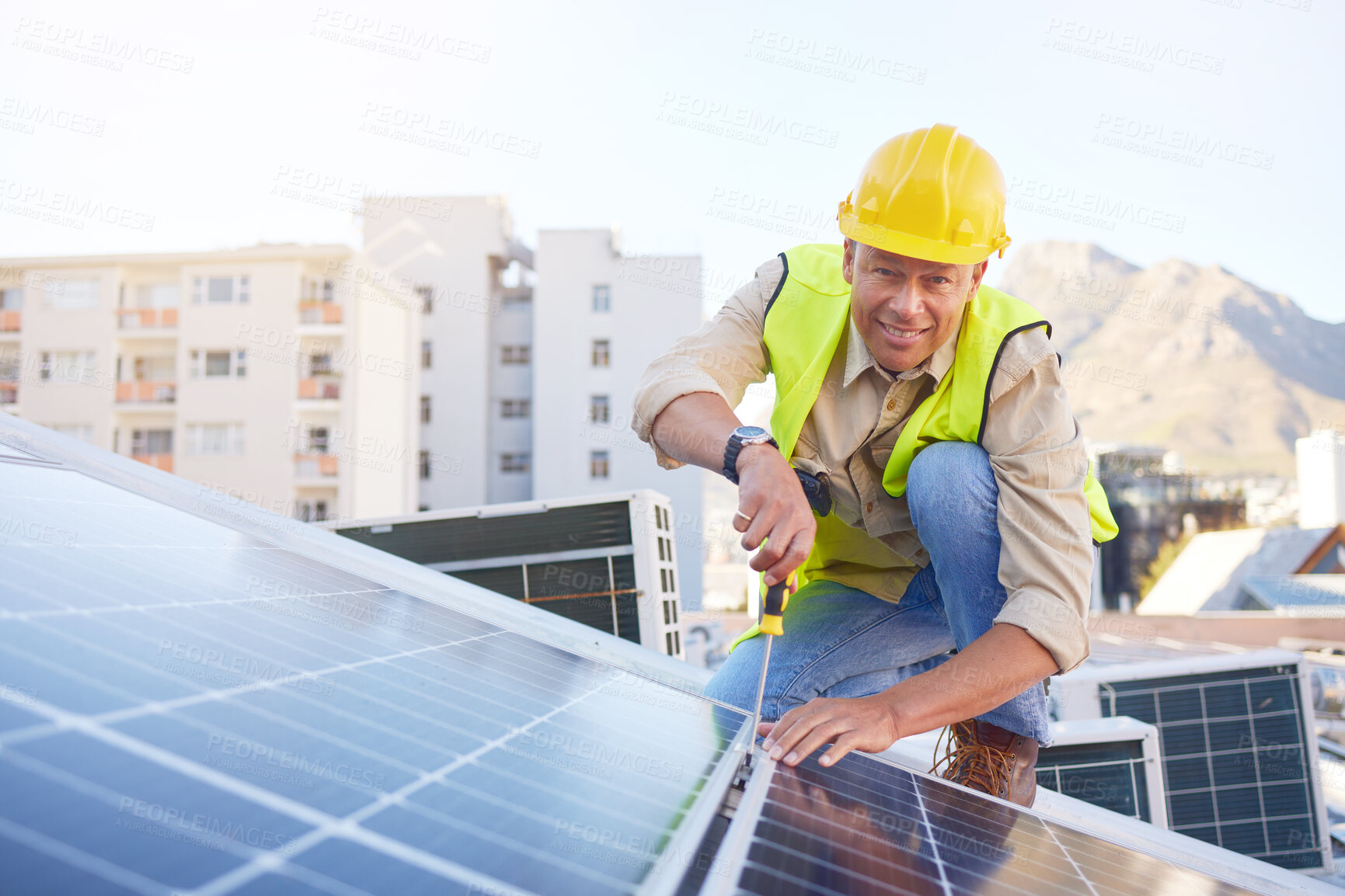 Buy stock photo Engineer, solar panels and sustainability, eco friendly and solar energy with maintenance man and installation of renewable energy. Engineering, environment and building with innovation in portrait.